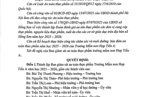 QUYẾT ĐỊNH VỀ VIỆC THÀNH LẬP BAN GIÁM SÁT AN TOÀN THỰC PHẨM NĂM HỌC 2025 - 2026